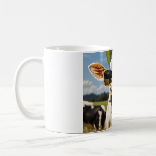 A Funny Sunglasses Wearing Cow In A Field Coffee Mug (Left)