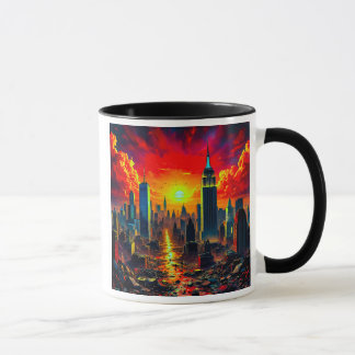 A futuristic city under a burning sky. mug