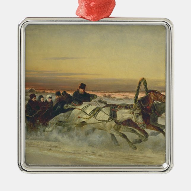 A Galloping Winter Troika at Dawn Metal Ornament (Front)