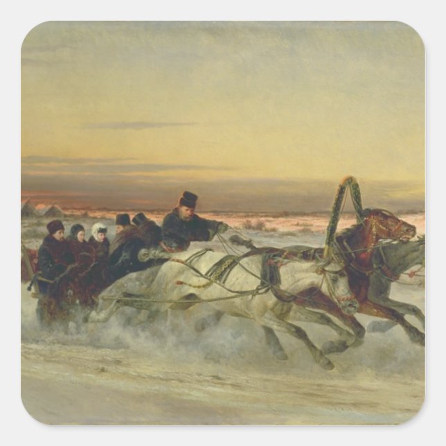 A Galloping Winter Troika at Dawn Square Sticker (Front)