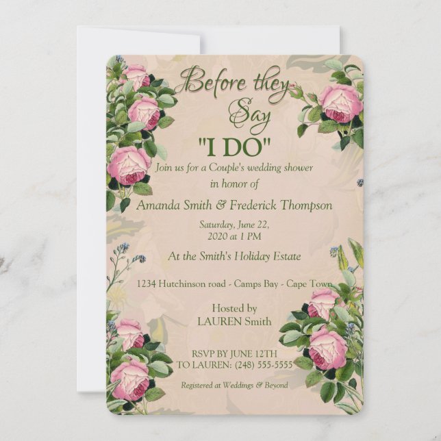A Garden Green with Pink Roses Wedding Shower Invitation (Front)