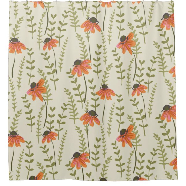 A garden of green ferns brightened by orange flowe shower curtain (Front)