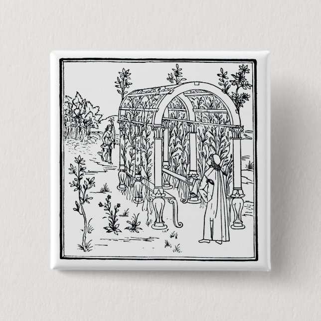 A garden scene, from 'Hypnerotomachia Poliphili' a Button (Front)