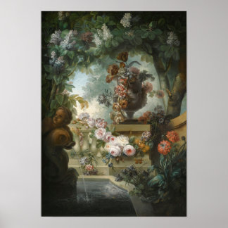 A Garden Scene With An Urn Of Flowers Poster