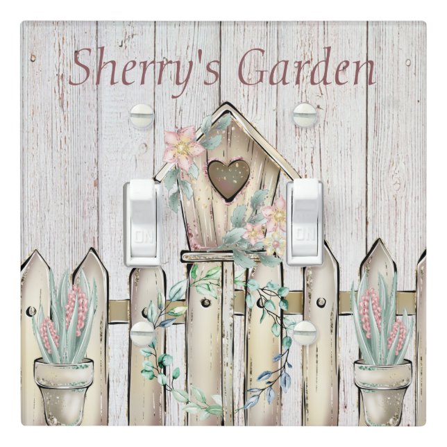 A Gardener's Delight w/ Fence, Birdhouse & Flowers Light Switch Cover (In Situ)