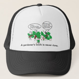 A gardener's work trucker hat