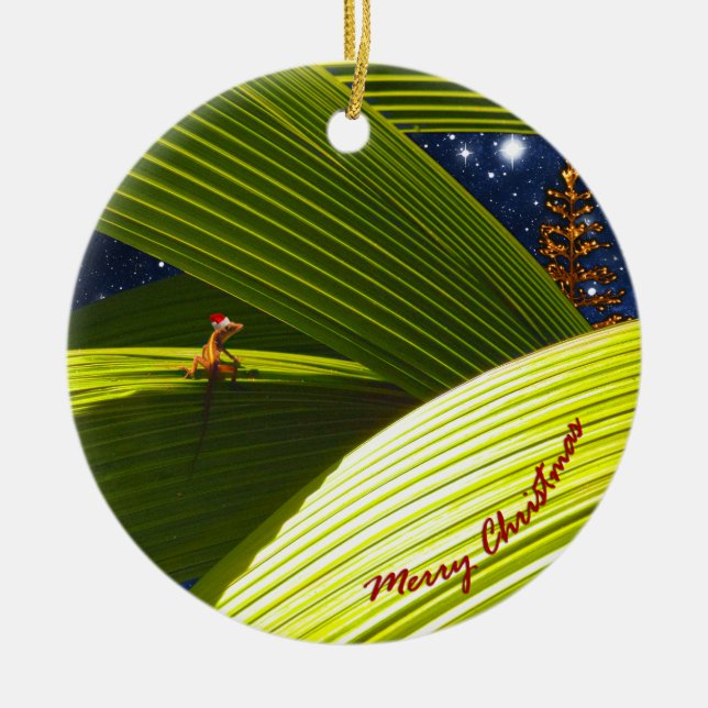 A Gecko Lizard's Tropical Christmas Ceramic Ornament (Front)