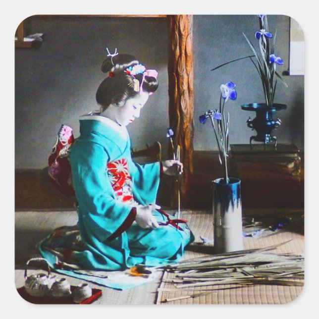 A Geisha Arranging Iris Flowers Vintage Old Japan Square Sticker (Front)