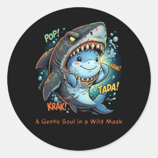 A Gentle Soul in a Wild Mask Cute shark Classic Round Sticker