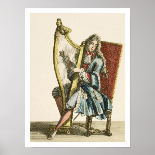 A gentleman playing the harp engraving poster