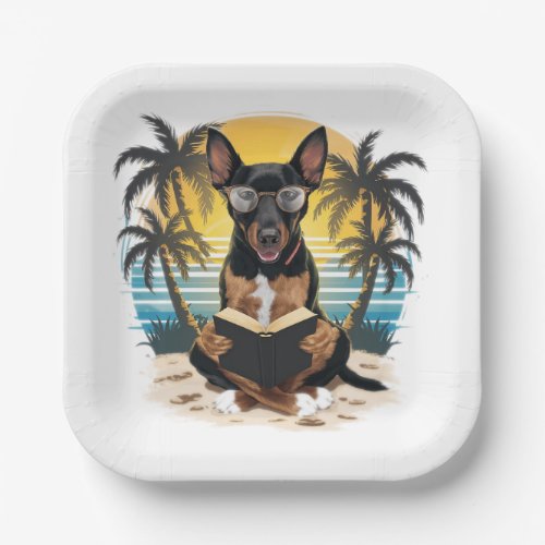 A German pull dog wearing horn_rimmed glasses Paper Plates