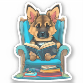 A German Shepherd puppy reading a book Sticker