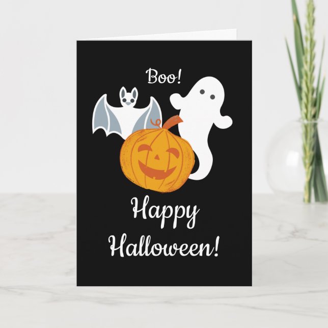 A Ghost, A Bat, and A Friendly Pumpkin Halloween Card (Front)