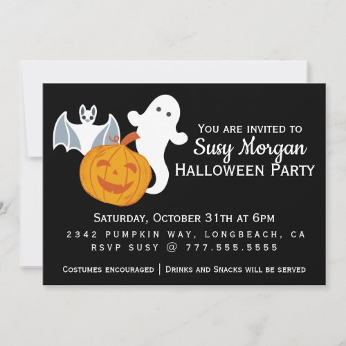 A Ghost A Bat and A Friendly Pumpkin Party Invitation