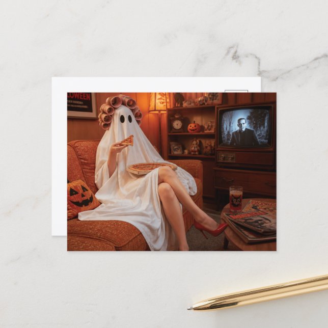 A Ghost Eating Pizza Postcard (Front/Back In Situ)