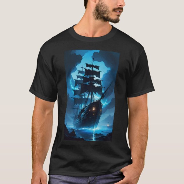 a ghost ship, a pirate ship, a foggy ship, the Fly T-Shirt (Front)