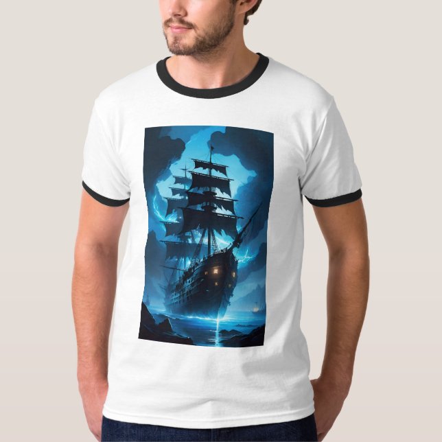 a ghost ship, a pirate ship, a foggy ship, the Fly T-Shirt (Front)