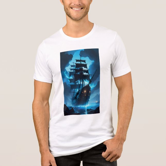 a ghost ship, a pirate ship, a foggy ship, the Fly Tri-Blend Shirt (Front)