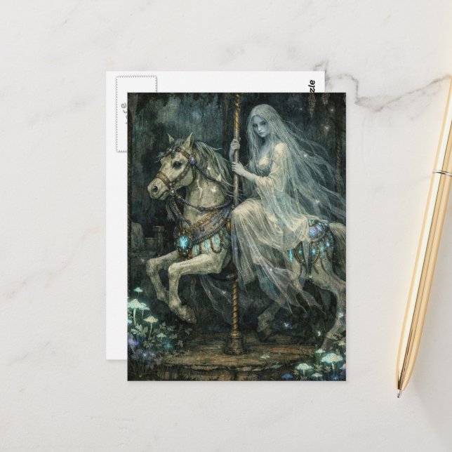 A Ghost Woman on Abandoned Carousel Horse Postcard (Front/Back In Situ)