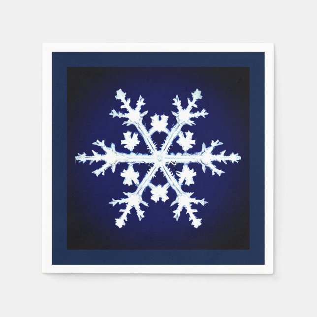 A Giant Ice Crystal Snowflake on Dark Indigo Blue Napkins (Front)