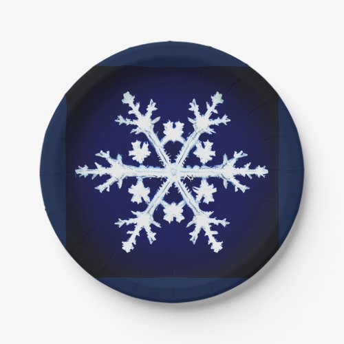 A Giant Ice Crystal Snowflake on Dark Indigo Blue Paper Plates
