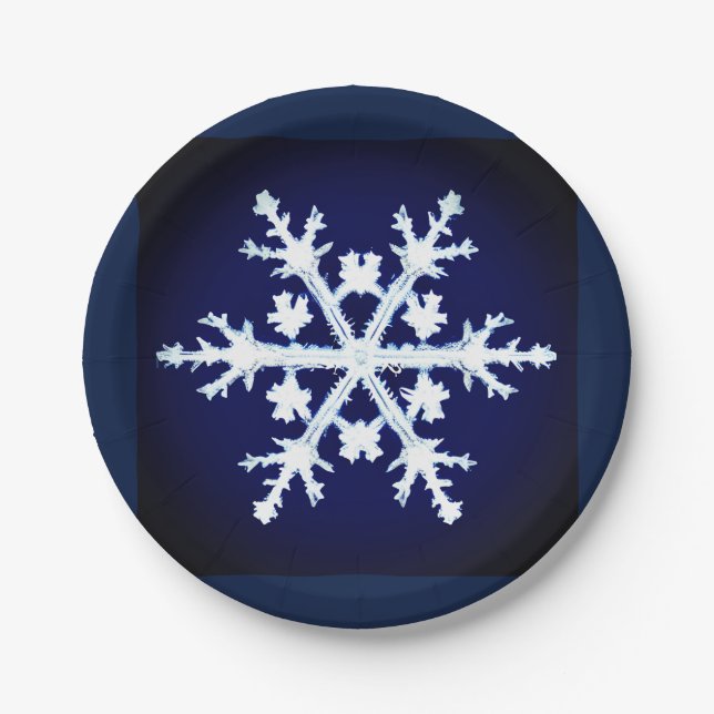 A Giant Ice Crystal Snowflake on Dark Indigo Blue Paper Plates (Front)