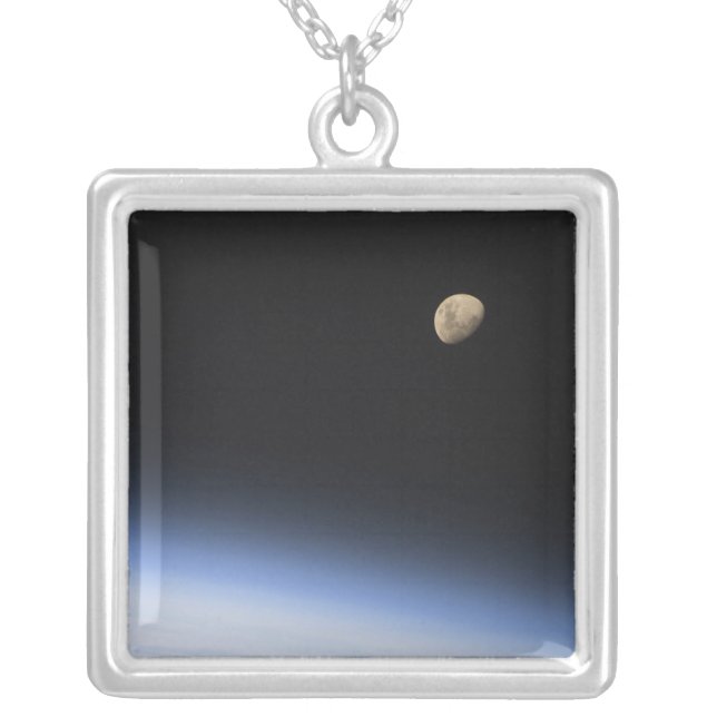 A gibbous moon visible above Earth's atmosphere Silver Plated Necklace (Front)