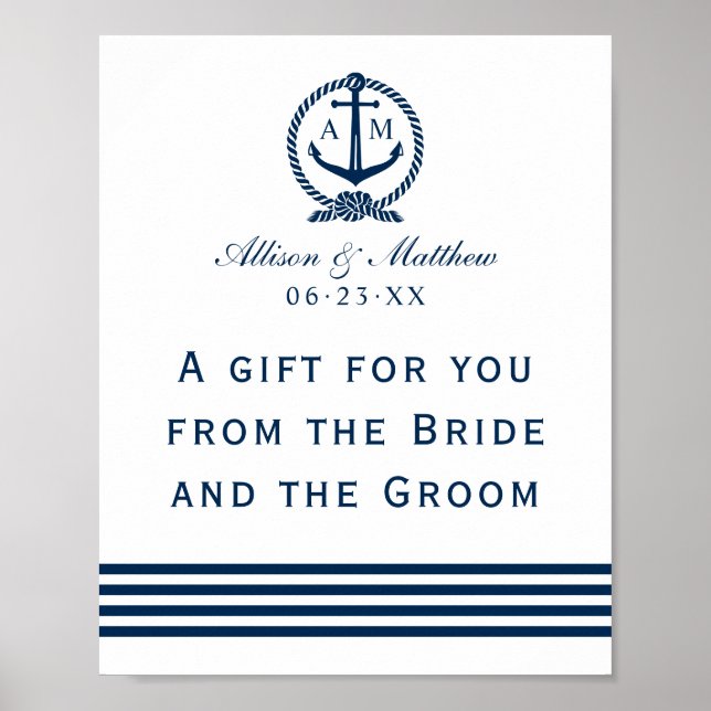 A Gift For You Navy Nautical Wedding Favor Sign (Front)