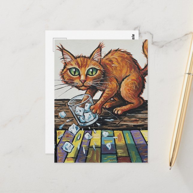 A ginger cat knocks over a glass of ice postcard (Front/Back In Situ)