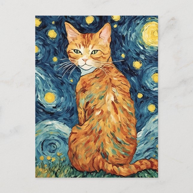 A Ginger Tabby Cat in The Starry Night Postcard (Front)