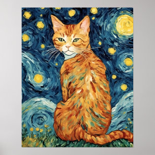A Ginger Tabby Cat in The Starry Night Poster