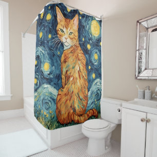 A Ginger Tabby Cat in The Starry Night Shower Curtain