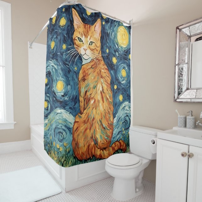 A Ginger Tabby Cat in The Starry Night Shower Curtain (In Situ)