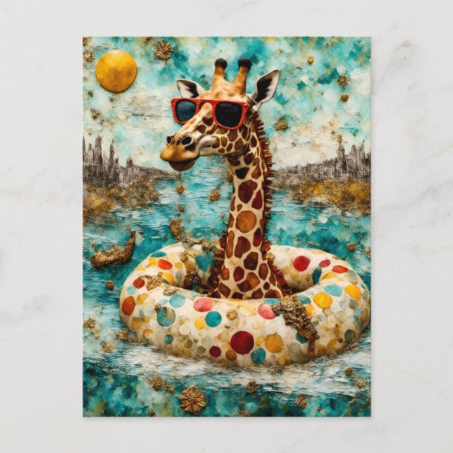 A Giraffe on Vacation in a Floating Donut Postcard (Front)