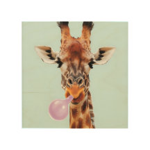 A giraffe wearing glasses and blowing a bubble