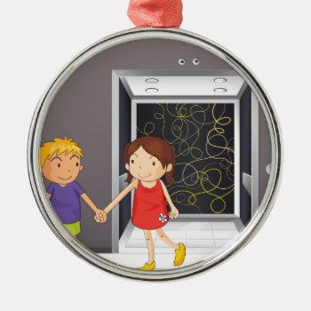 A Girl And A Boy Holding Hands Near The Elevator Metal Ornament by GraphicsRF at Zazzle