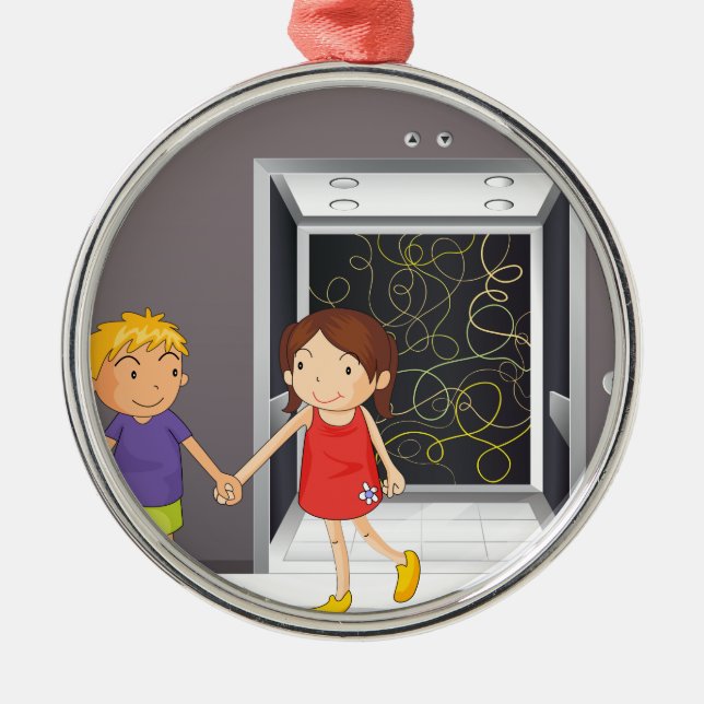 A girl and a boy holding hands near the elevator metal ornament (Front)