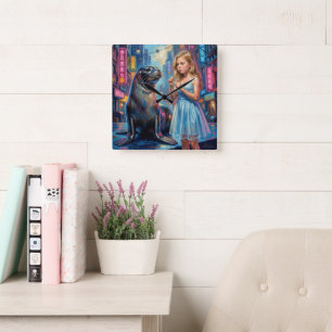 A girl and a seal. square wall clock