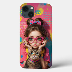 A Girl and Her Cat- Cute Anime Illustration iPhone 13 Case