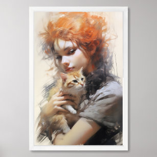 A Girl and Her Cat Framed Art