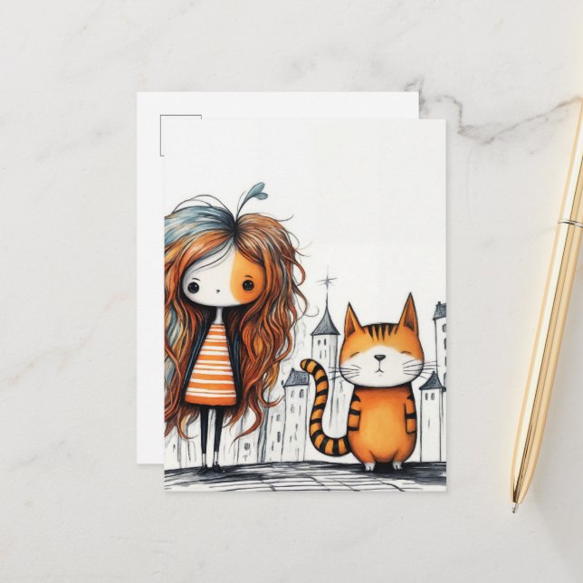 A Girl and her cat Postcard (Front/Back In Situ)