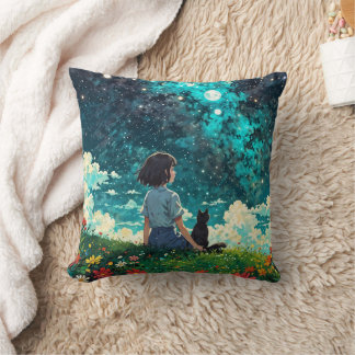 A girl and her cat sit together on flowers field throw pillow