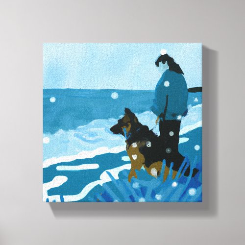 A girl and her dog at the beach canvas print