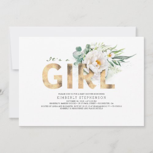 A Girl Floral Gold Typography Baby Shower Invitation