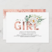 A Girl Floral Rose Gold Typography Baby Shower Invitation (Front/Back)