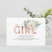 A Girl Floral Rose Gold Typography Baby Shower Invitation (Standing Front)