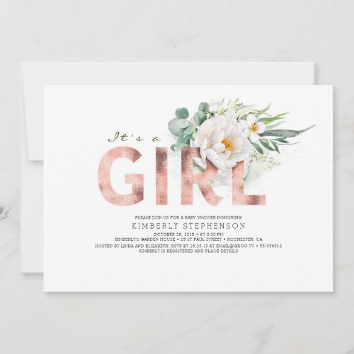 A Girl Floral Rose Gold Typography Baby Shower Invitation