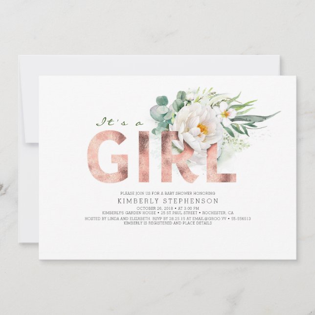 A Girl Floral Rose Gold Typography Baby Shower Invitation (Front)