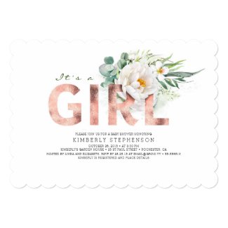 A Girl Floral Rose Gold Typography Baby Shower Invitation