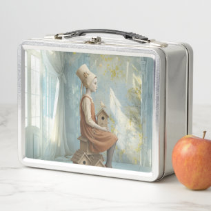A Girl & Her Birdhouses   Surreal Storybook Metal Lunch Box